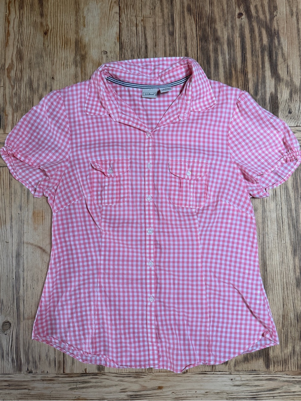 LL Bean Short Sleeve Button Down Pink Gingham Blouse